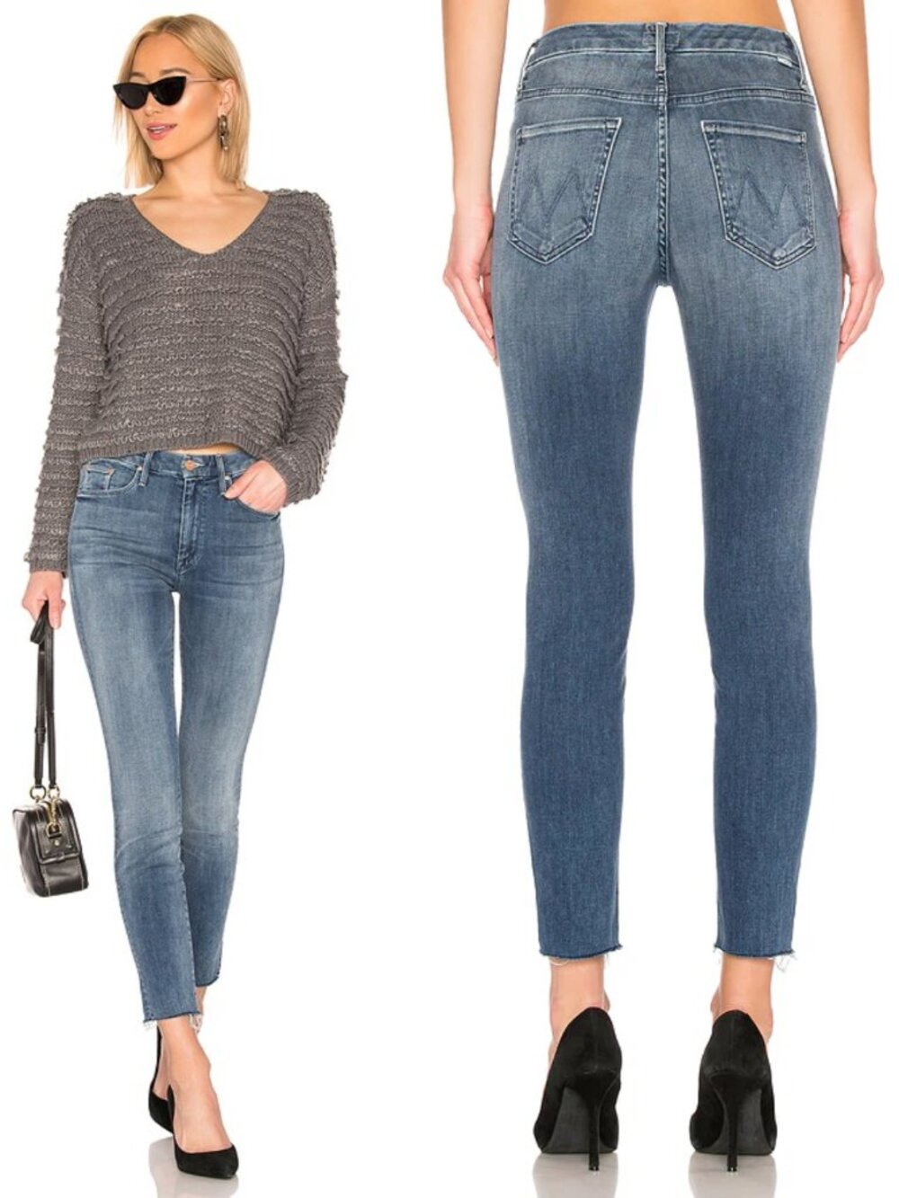 MOTHER High Waisted Looker Ankle Fray Jeans Raw Hem Denim Medium Wash Chic 26